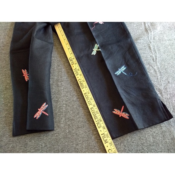 Appleseeds 100% Linen Cropped Pants Black Embroidered Dragonfly Women 6P Novelty - Picture 14 of 16